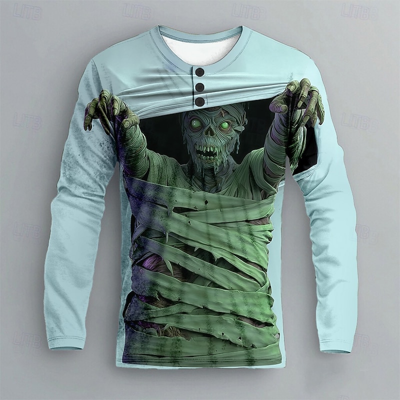 Men's Zombies Henley Shirt Long Sleeve Fashion Cute Daily Casual Holiday Going out Fall Spring &  Fall Blue Purple Khaki Henley Henley T-Shirt