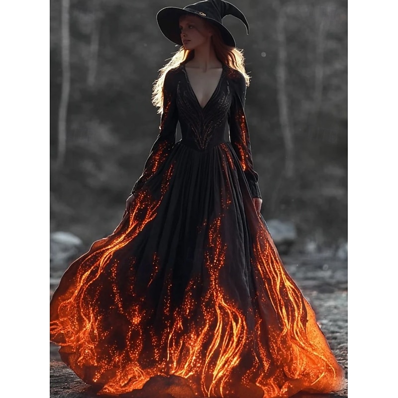 Halloween Women's Skeleton Maxi Dress Pleated Dress Boho Date Going out Regular Fit Skull Long Sleeve V Neck Black Orange Light Orange Fall3