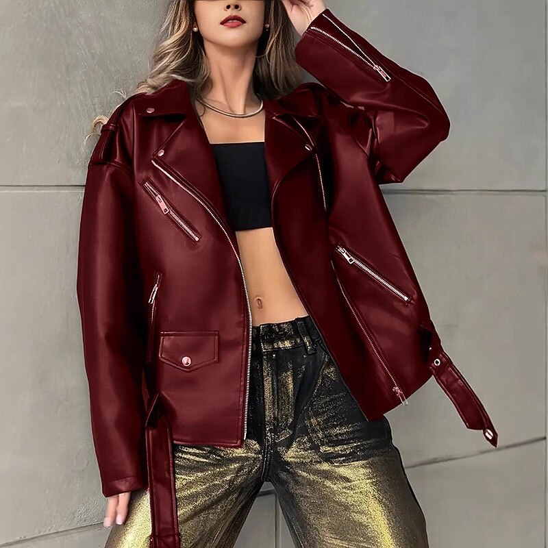 Women's Faux Leather Jacket Warm Comfortable Zipper Pocket Vintage Casual Solid Color Vacation Street Casual Daily Wear Short Regular Turndown Regular Fit Long Sleeve Outerwear Black Wine Fall Winter3
