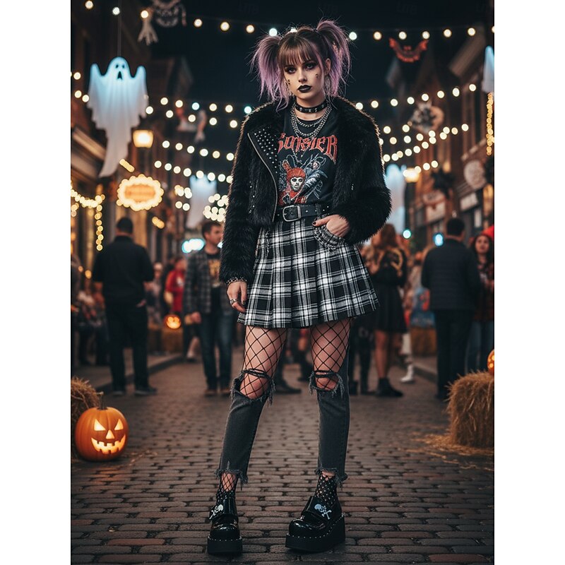 Women's Black Halloween Skull Print Platform Loafers – Shiny Patent Faux Leather Goth Shoes for Night Parties and Streetwear Looks3