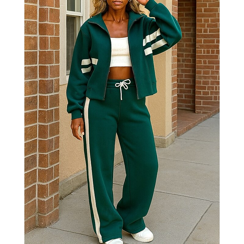 Christmas Women's Zip Up Sweatshirt 2 Piece Tracksuit Sweatsuit Sets Baggy with Pocket Stripes Clothing Suit Fall Black White Spandex Hiking Vocation Outdoor Long Sleeve Sport Activewear Micro-elastic4