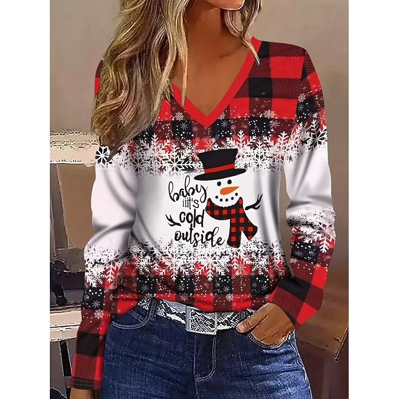 Christmas Women's T Shirt Graphic Snowman Vintage Stylish Classic Long Sleeve V Neck Regular Tops Daily Print Gray / Red Black+White+Red Black Wine Red Spring Fall Winter4
