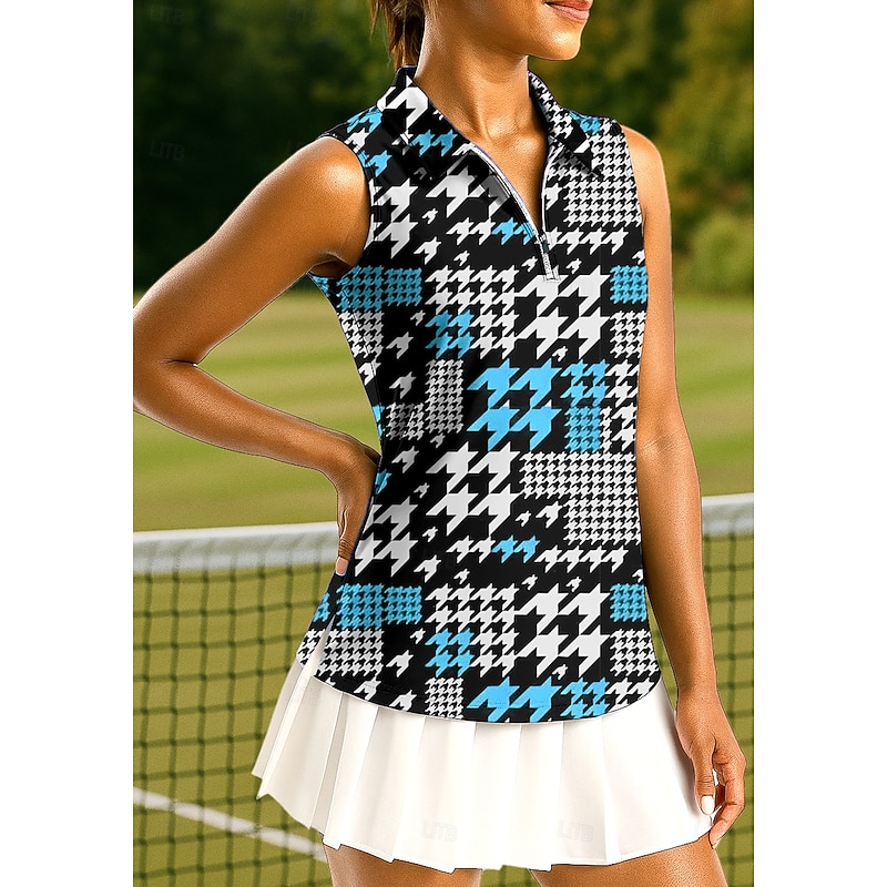 Women's Geometric Houndstooth Tops Sport Shirt Golf Polo Shirt Tennis Shirt Sleeveless Zipper High Elasticity Moisture Wicking Breathable Tennis Pickleball Running Turndown Zip Collar Shirt Tank Top4