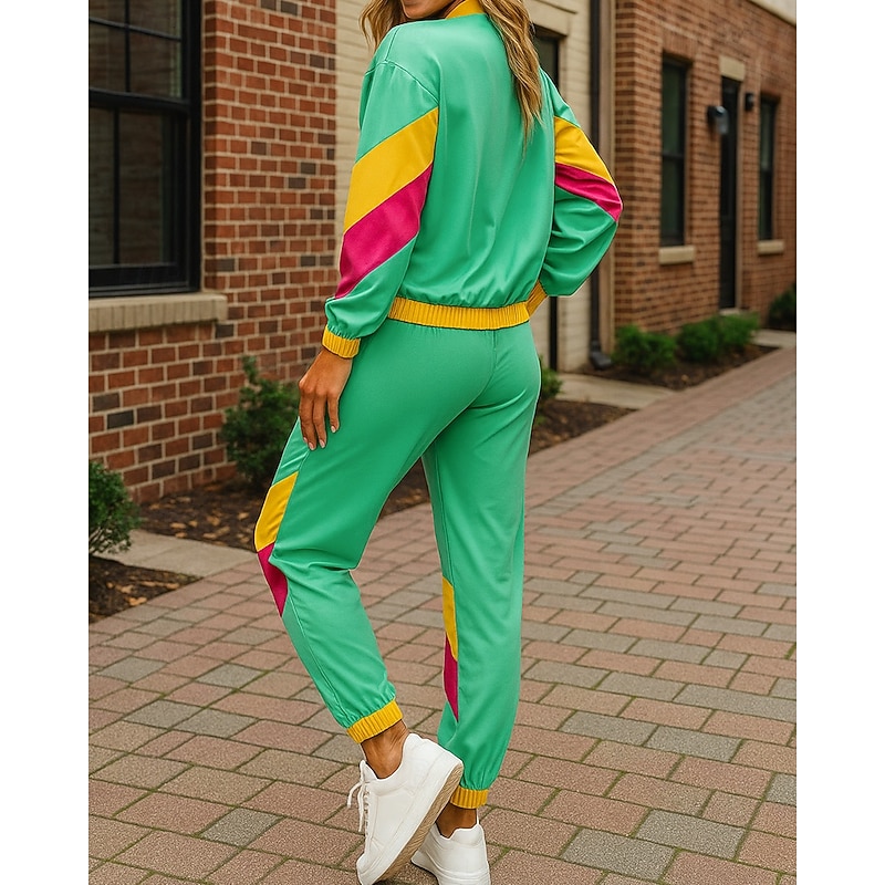 Women's Zip Up Sweatshirt 80s Sportswear 2 Piece Tracksuit Baggy with Pocket Color Block Clothing Suit Fall Green Hiking Vocation Outdoor Lightweight Long Sleeve Sport Activewear Micro-elastic2