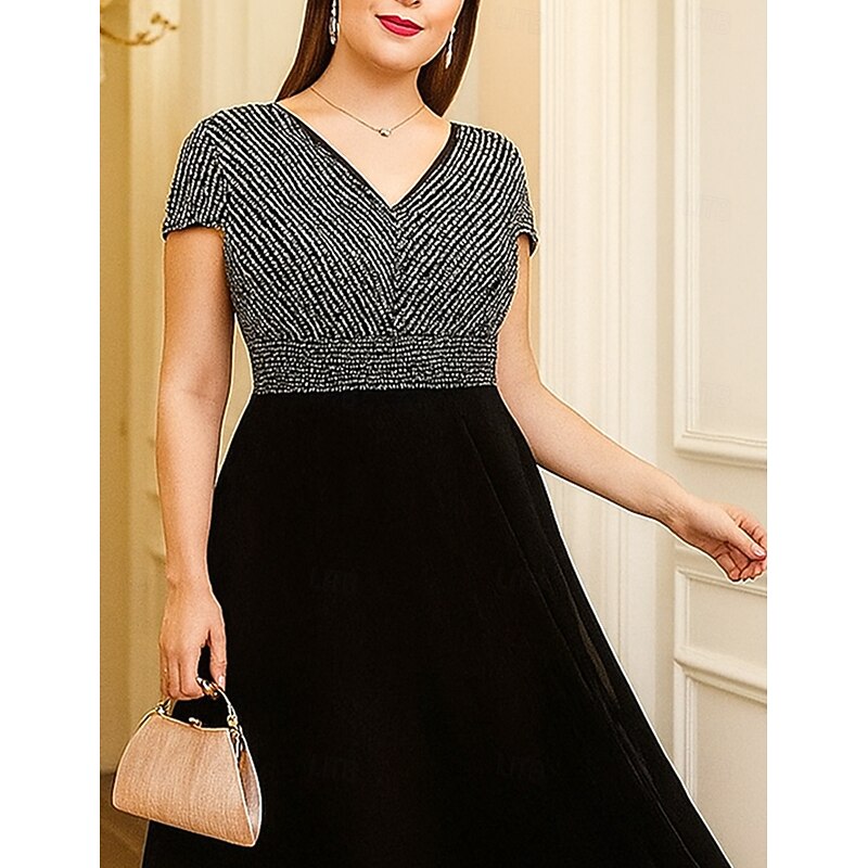 A-Line Mother of the Bride Dress Black Dress Plus Size Sparkle & Shine V Neck Ankle Length Sequined Polyester Short Sleeve with Color Block3