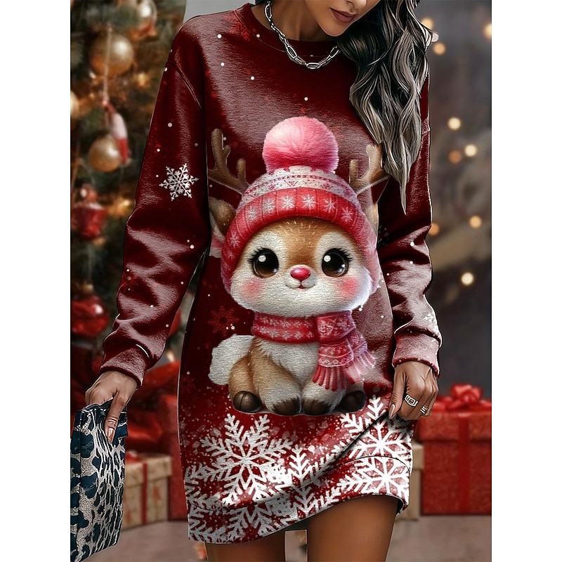 Christmas Women's Mini Dress Shift Dress Vacation Casual Birthday Date Regular Fit Graphic Santa Claus Long Sleeve Crew Neck Black Red Gray Spring Fall Winter
