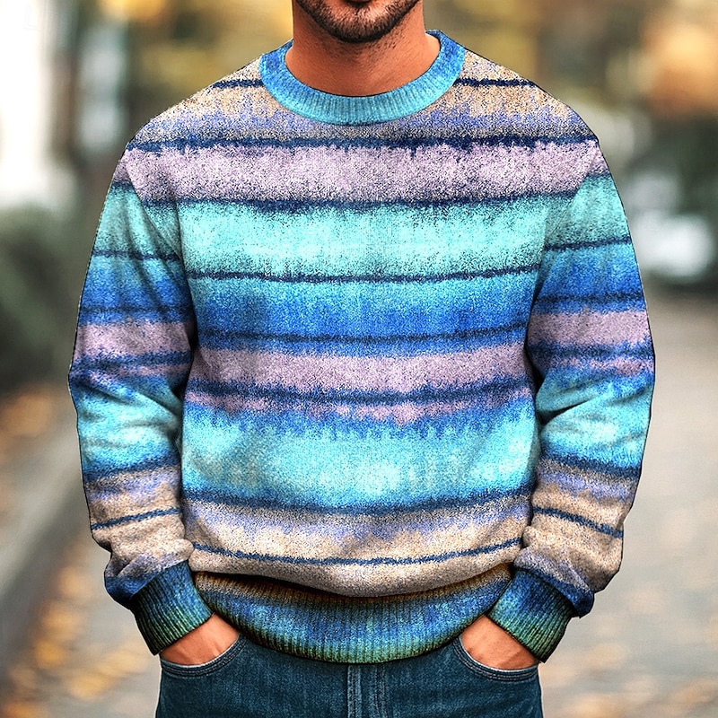 Men's Horizontal Stripes Pullover Sweater Jumper Knitwear Crewneck Casual Vacation Street Daily 3D Print Knitting Keep Warm Long Sleeve Spring Fall Winter Blue Brown Green3