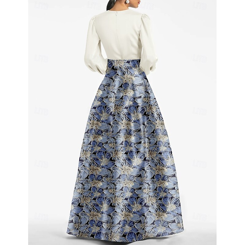 Jacquard Brocade Floral A-Line Evening Gown Dress Formal Wedding Guest Floor Length Long Sleeve V Neck Belt Nylon with Slit Pocket2