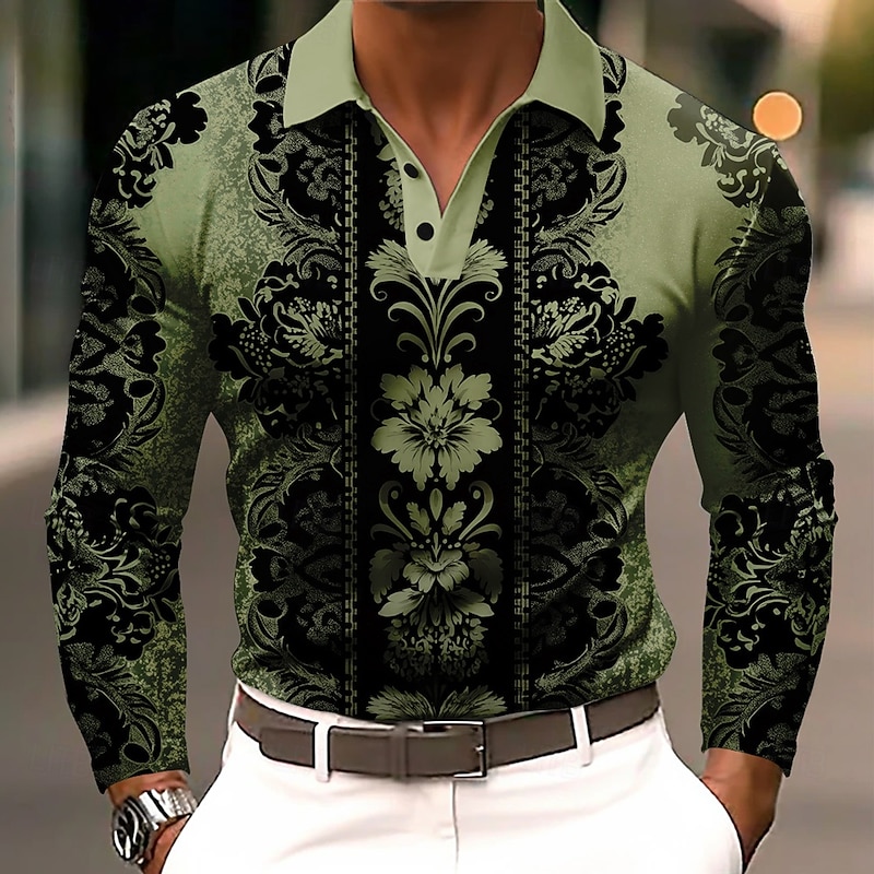 Men's Floral Polo Long Sleeve Polo Shirts Lapel Business Casual Athleisure Daily Wear 3D Print Buttons Spring Fall Winter Blue Purple Green3