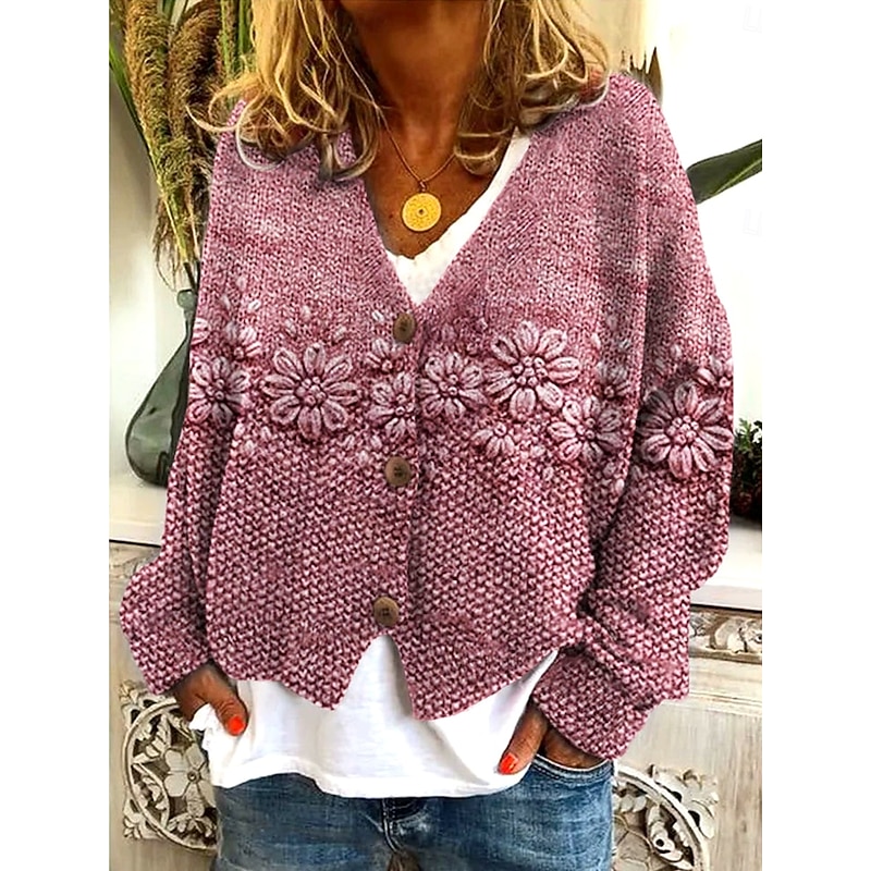Women's Sweater Cardigan Elegant Vintage Fashion Floral Graphic V Neck Pocket Knitted Print Long Sleeve Regular Tops Knit Outdoor Daily Weekend Red Fuchsia Fall Winter