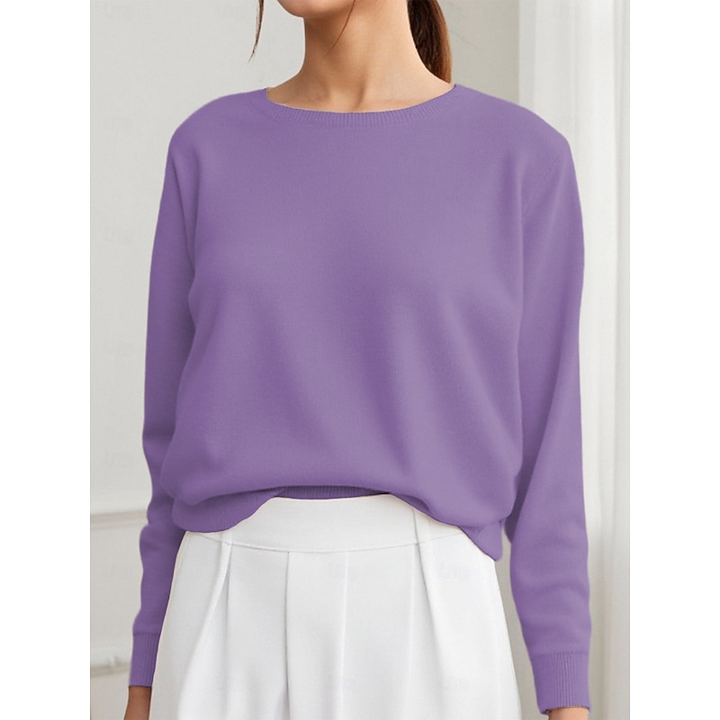 Women's Pullover Elegant Vintage Daily Solid Color Ribbed Crew Neck Knitted Long Sleeve Regular Tops Knit Formal Outdoor Home Black White Spring Fall3