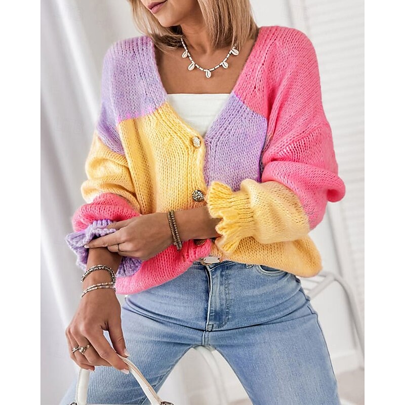 Women's Sweater Cardigan Streetwear Casual Color Block V Neck Ruffle Patchwork Buttons Long Sleeve Regular Tops Knit Daily Holiday Going out Yellow Fall Winter - Main Image