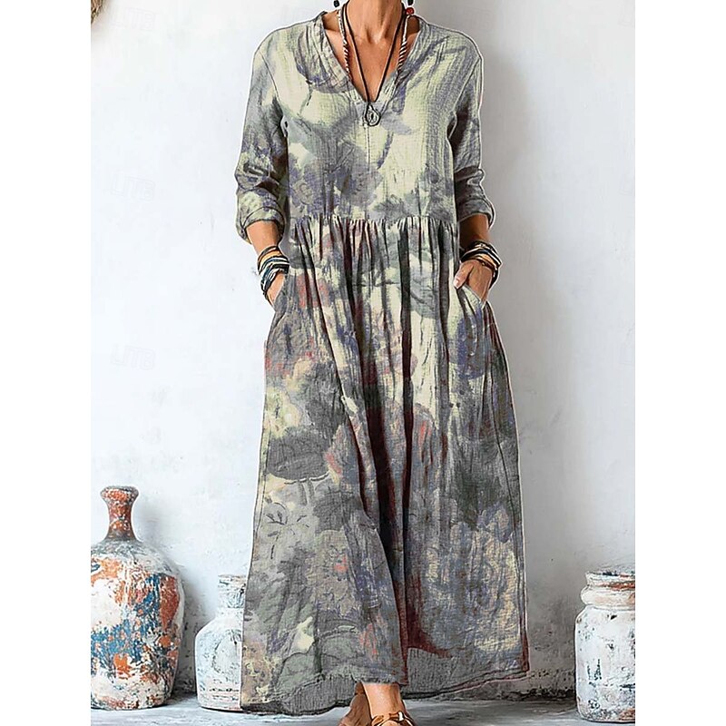 Women's Maxi Dress Sundress Pleated Dress Vacation Casual Boho Going out Beach Loose Fit Graphic Paisley Long Sleeve V Neck Purple Green Gray Spring Fall Winter Autumn3