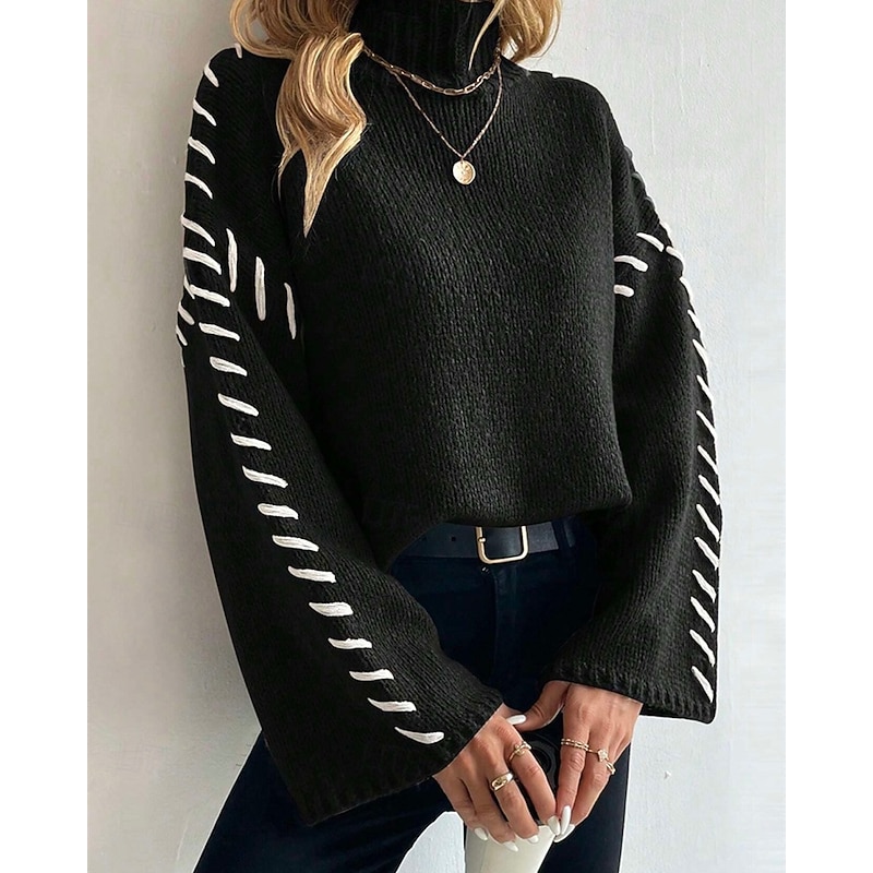 Women's Sweater Pullover Fashion Casual Pure Color Ribbed Turtleneck Knitted Long Sleeve Regular Tops Knit Outdoor Daily Weekend Black Fall Winter