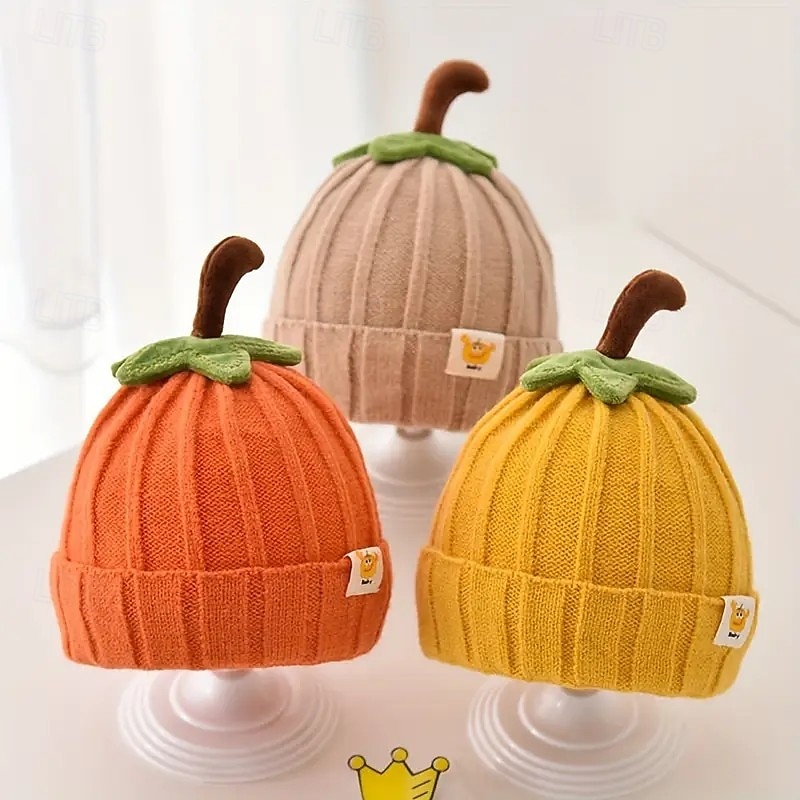 Fall Thanksgiving Kids Knit Pumpkin Hat, Winter Warm Thick Beanie with Ear Protection, Cute Baby Boys Girls Cartoon Hat for Outdoor Travel, Holiday Party, Birthday Gift