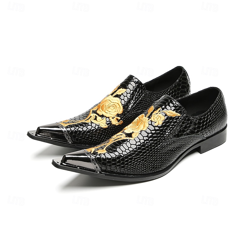 Men's Genuine Cowhide Leather Black Crocodile Pattern Dress Shoes with Gold Embroidery – Luxury Formal Loafers for Business, Weddings and Banquets2