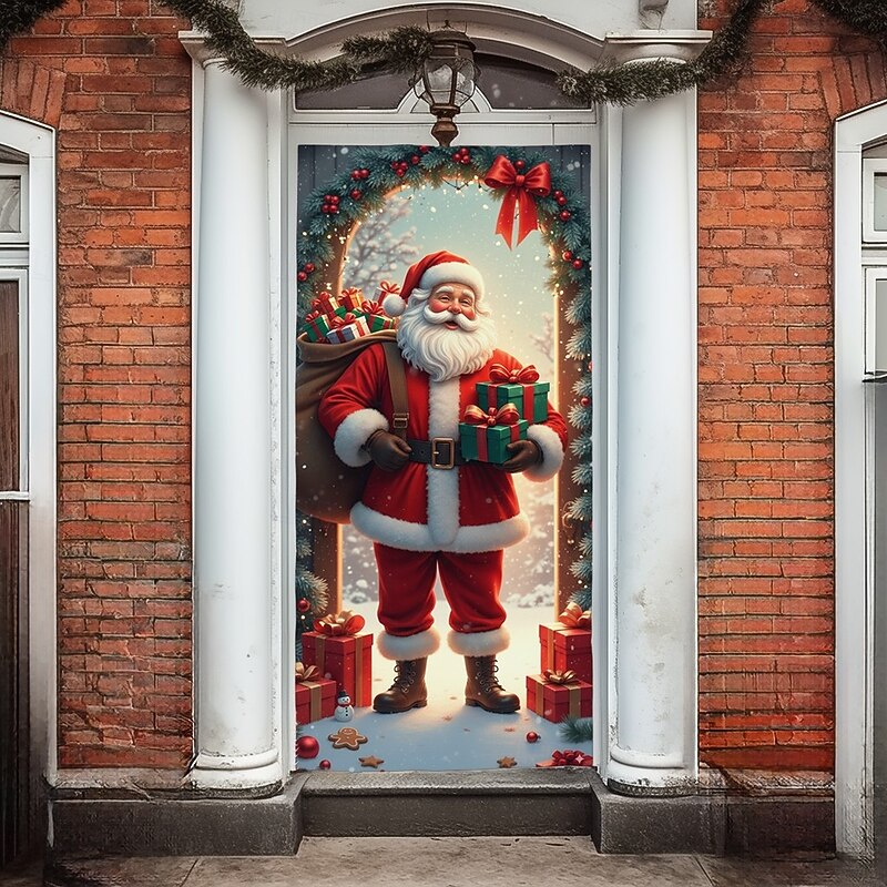 Christmas Door Cover Winter Holiday Decoration Drapes with Santa Claus Holding Gifts Christmas Wreath and Open Door Print for Home Entryway Living Room Bedroom Indoor Outdoor Festive Seasonal Decor3