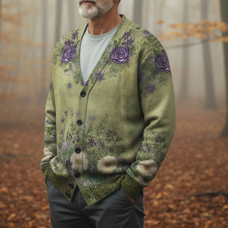 Christmas Men's Floral Botanical Flower / Plants Sweater Cardigan Sweater V Neck Retro Vintage Casual Tribal Outdoor Home Party Buckle Long Sleeve Fall Winter Pink Green2