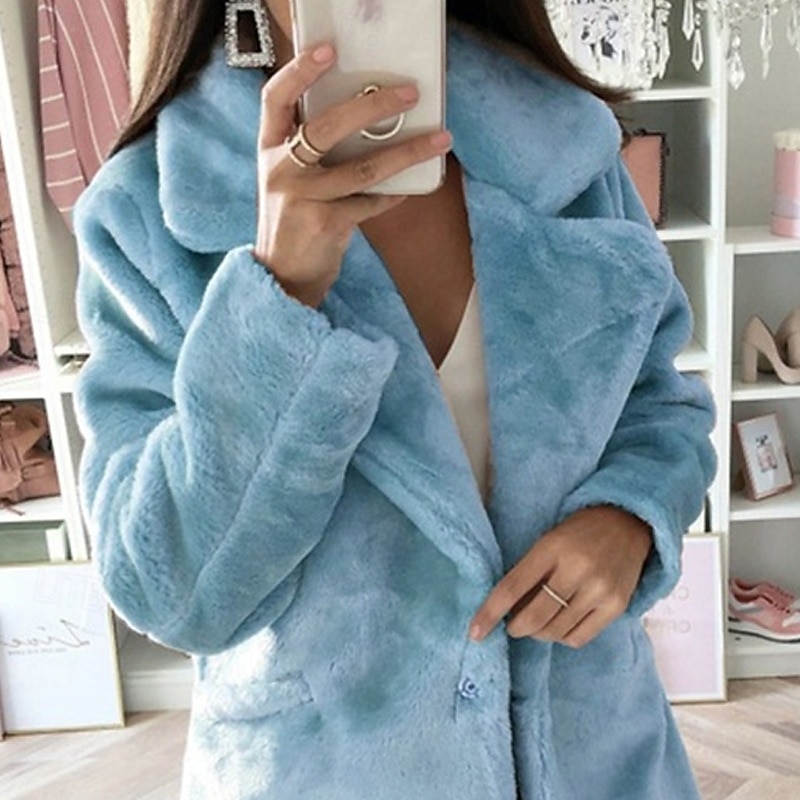 Women's Winter Coat Faux Fur Coat Warm Comfortable Pocket Furs & Leathers Casual Plain Vacation Street Going out Weekend Long Turndown Regular Fit Long Sleeve Outerwear Blue Fall Winter2