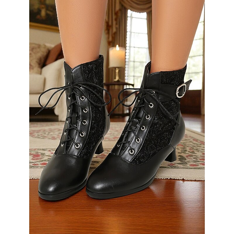 Women's Victorian Lace Ankle Boots – 1900s Black Mesh Heeled Booties with Buckle Strap for Gothic Costumes and Vintage Cosplay3