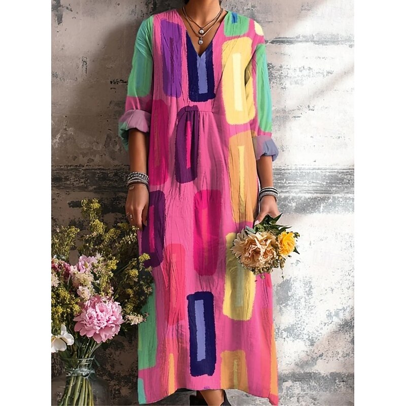 Easter Women's Midi Dress Sundress A Line Dress Vacation Casual Boho Going out Beach Loose Fit Floral Graphic Geometric Long Sleeve V Neck Yellow Pink Orange Green Summer Spring Fall Winter4