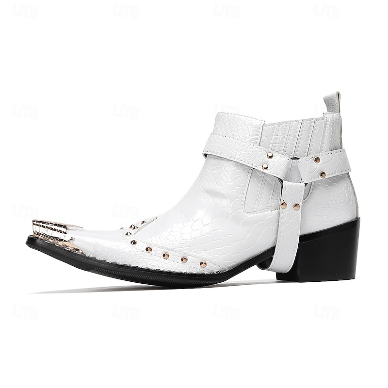 White Genuine Leather Men's Western Motorcycle Boots with Metal Toe Cap, Studded Strap, Punk Gothic Style – Ideal for Harley Riders, Rock Concerts, Stage Performance and Nightlife Fashion3