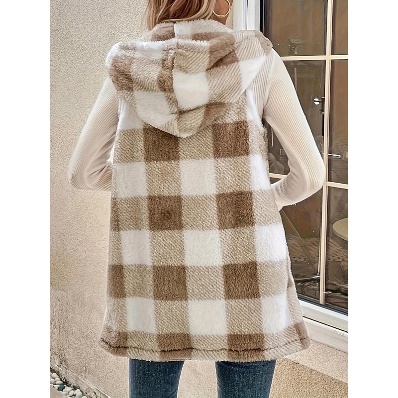 Women's Winter Coat Fleece Vest Sherpa Jacket Comfortable Breathable Print Casual Plaid Vacation Street Casual Daily Wear Open Front Regular Hooded Regular Fit Sleeveless Outerwear Khaki Spring Fall2
