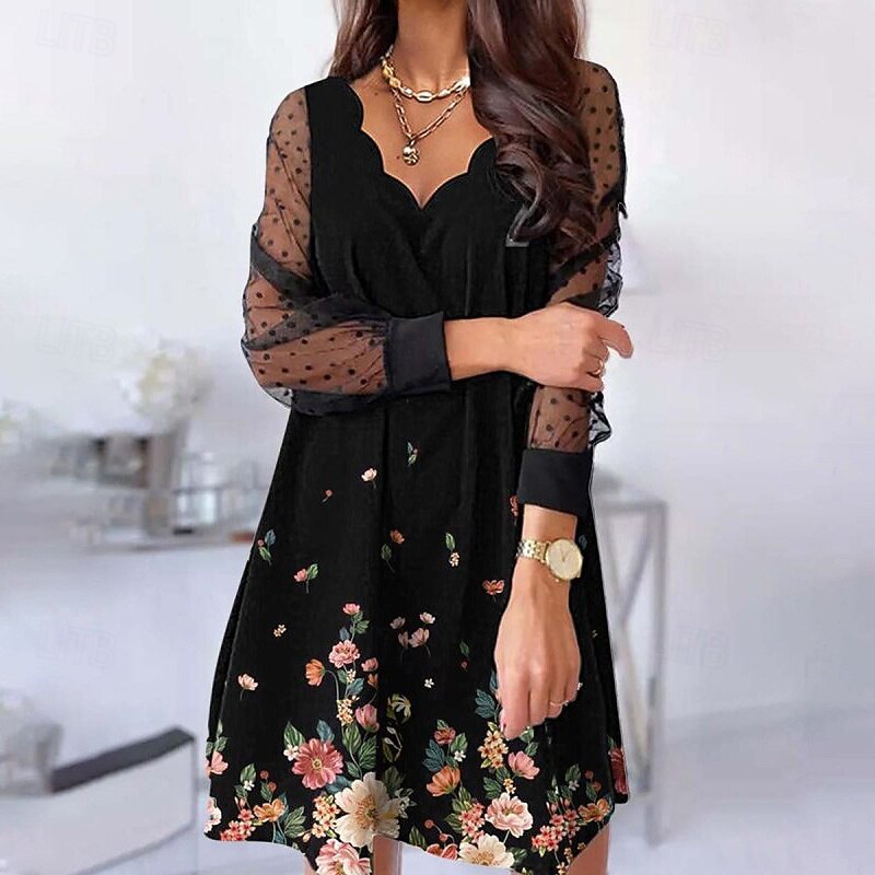 Women's Mini Dress Black Dress Party Dress Casual Dress Cocktail Dress Elegant Fashion Modern Outdoor Party Daily Loose Fit Floral Graphic Long Sleeve V Neck Light Pink Black Yellow Pink Summer3
