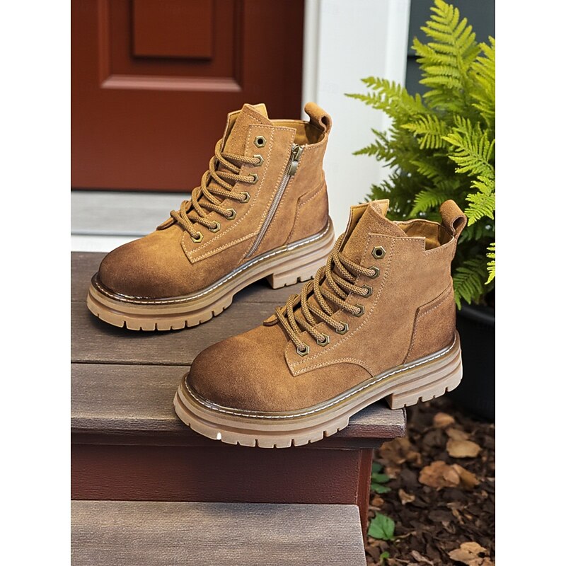 Women's Brown Suede Lace Up Ankle Boots with Chunky Non Slip Sole -Casual Outdoor Workwear Hiking Boots for Fall and Winter3