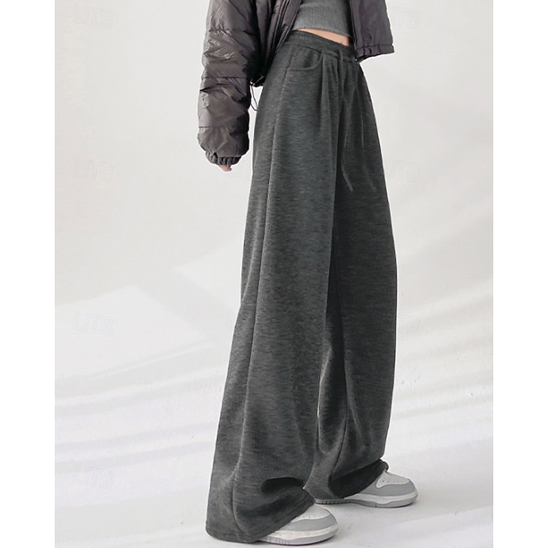Women's Culottes Wide Leg Chinos Casual Full Length Mid Waist Plain Pocket Elastic Drawstring Design Thermal Warm Stretchy Vacation Street Holiday Dark-Gray Apricot Black Winter Loose Fit3