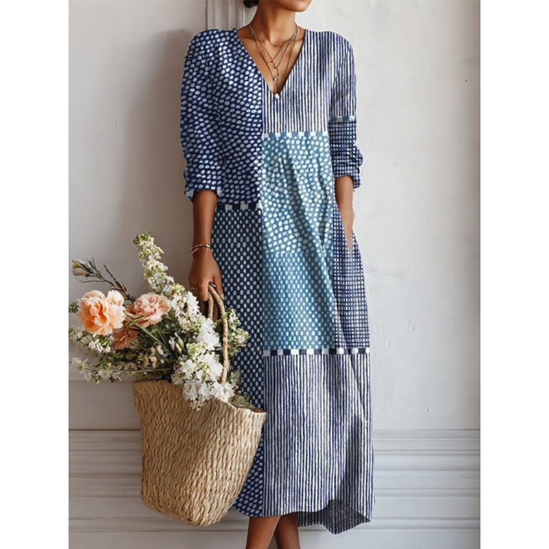 Women's Midi Dress A Line Dress Vacation Casual Daily Regular Fit Floral Graphic Long Sleeve V Neck Pink Navy Blue Blue Green Spring Fall4