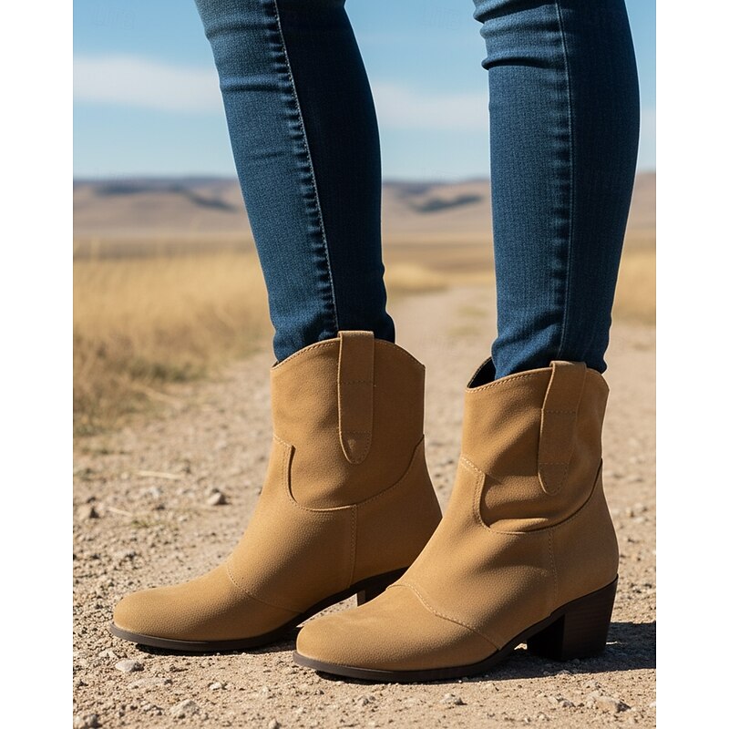 Women's Brown Faux Suede Western Ankle Boots – Vintage-Style Low Heel Cowboy Boots for Casual Outfits