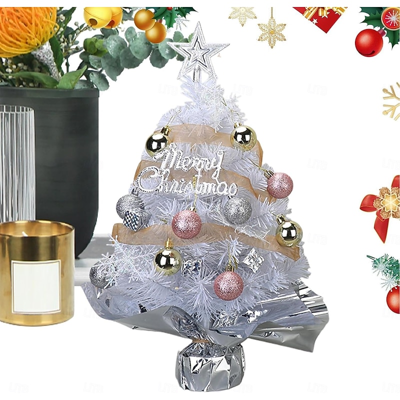 Tabletop Christmas Tree with Lights 45cm, Pink/Green Artificial Christmas Tree Mini Small Xmas Tree, with Christmas Ball Ornaments for Holiday Indoor DIY Christmas Decoration Gifts3