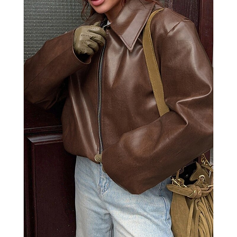 Women's Faux Leather Jacket Warm Comfortable Zipper Pocket Vintage Casual Plain Vacation Casual Going out Weekend Regular Turndown Regular Fit Long Sleeve Outerwear Black Wine Brown Fall Winter2