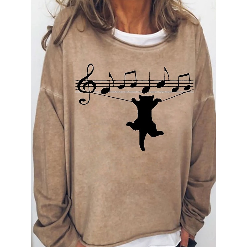 Women's Sweatshirts Graphic Cat Vintage Fashion Casual Long Sleeve Crew Neck Regular Tops Street Casual Print Blue Khaki Gray Fall Winter