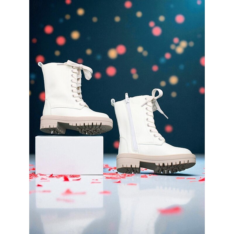 Korean Idol Inspired Pop Star Costume Shoes Girls' White Mid-Calf Combat Boots with Lace-Up Design and Side Zipper for Dance Performances and Stage Outfits2
