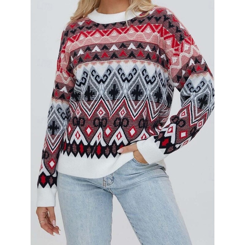 Women's Fair Isle Sweater Pullover Elegant Vintage Streetwear Geometric Ribbed Crew Neck Floral Long Sleeve Regular Tops Knit School Formal Outdoor Red Blue Spring Fall2