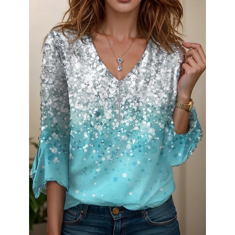 Women's T Shirt Henley Shirt Ombre Floral Vintage Vintage Stylish Basic 3/4 Length Sleeve V Neck Regular Tops Weekend Buttons Print Blue Sky Blue Rose Pink Summer Spring Fall