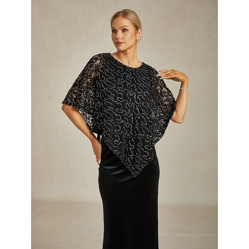 Women's Poncho Dressy Tops Lace Tops Evening Tops Solid Color Elegant Stylish Sleeveless Crew Neck Regular Tops Wedding Guest Party Evening Wear Evening Party Sequins Lace Black Spring, Fall, Winter4