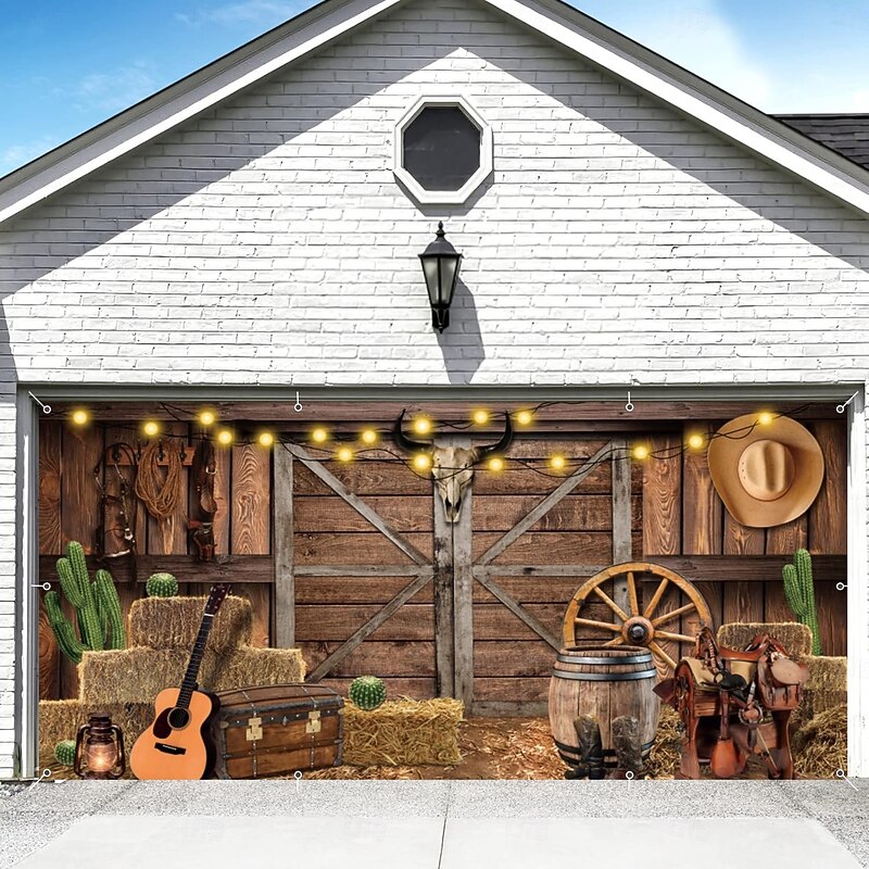 Tapestry Garage Door Cover Large Hanging Backdrop Cowboy Barn Bull Skull Rustic Cottagecore 3D Party Outdoor Shooting Backgrounds Front Door Home Decor2