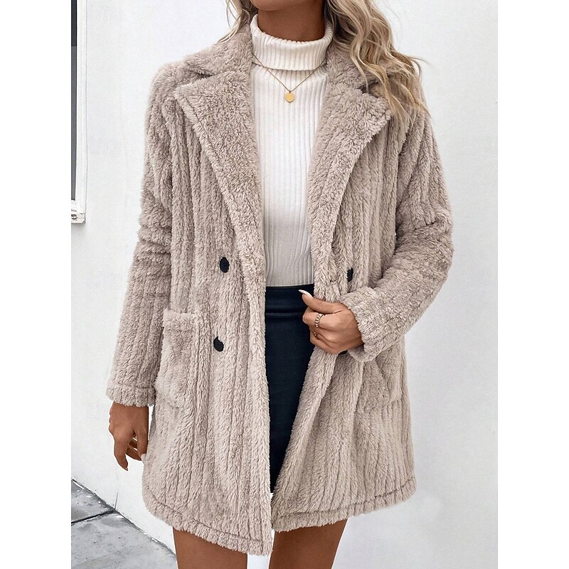 Women's Winter Coat Sherpa Jacket Comfortable Breathable Pocket Buttons Casual Plain Vacation Street Casual Daily Wear Double Breasted Regular Turndown Regular Fit Long Sleeve Outerwear Khaki Spring3