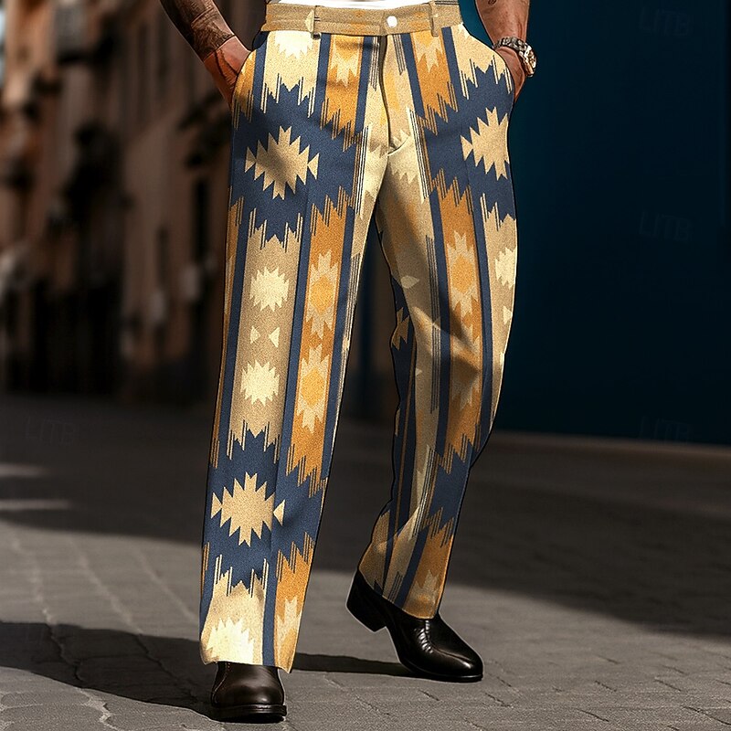Men's Aztec Geometric Pattern Ethnic Trousers Dress Pants Suit Pants Mid Waist Vintage Retro Dailywear Holiday Streetwear Relaxed Fit Flat Front Dress Pants with Side Pockets Spring Fall 3D Print