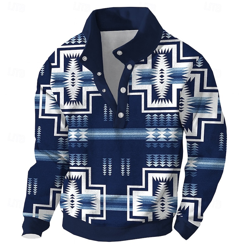 Men's Patchwork Bandana Print Sweatshirt Ethnic Vintage Retro High Neck Vacation Going out Black Red Buttons Fall Winter Designer