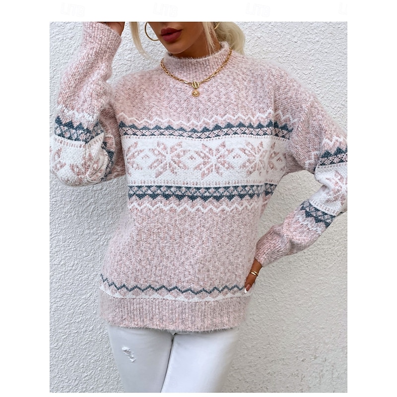 Women's Sweater Casual Soft Snowflakes Ribbed Crew Neck Knitted Long Sleeve Regular Tops Knit Outdoor Daily Weekend Pink Blue Fall Winter4