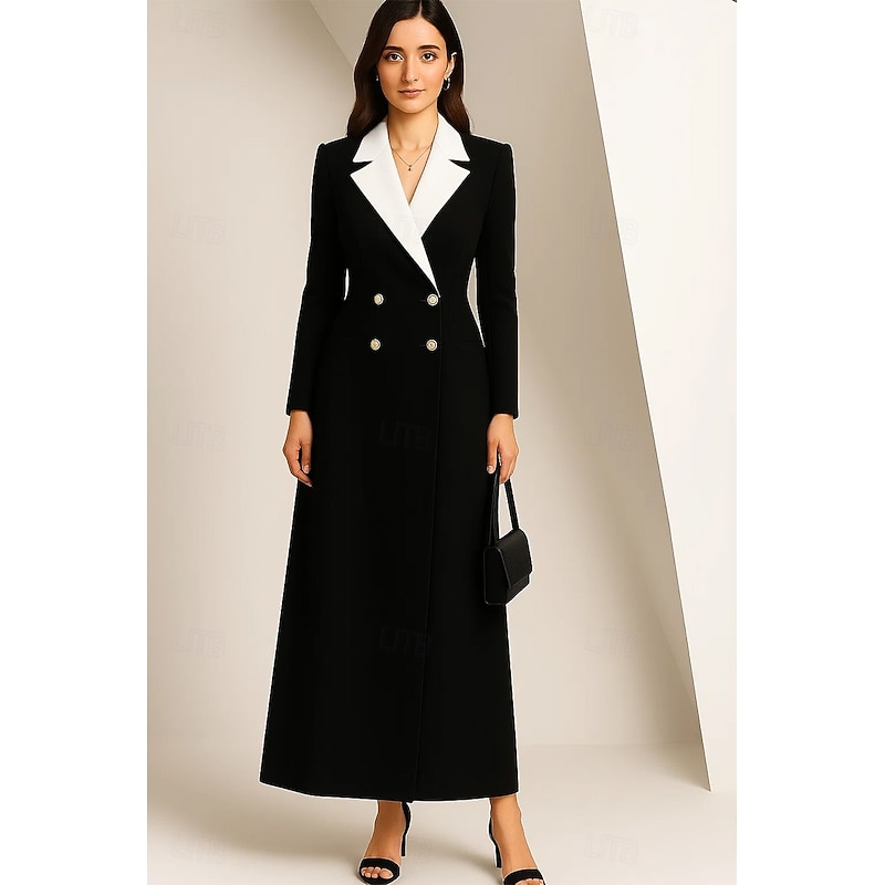 Black and White Tuxedo Dress A-Line Sheath Formal Blazer Dress Wedding Guest Stretch Crepe Elegant Long Sleeve Floor Length Notch lapel collar Double Breasted