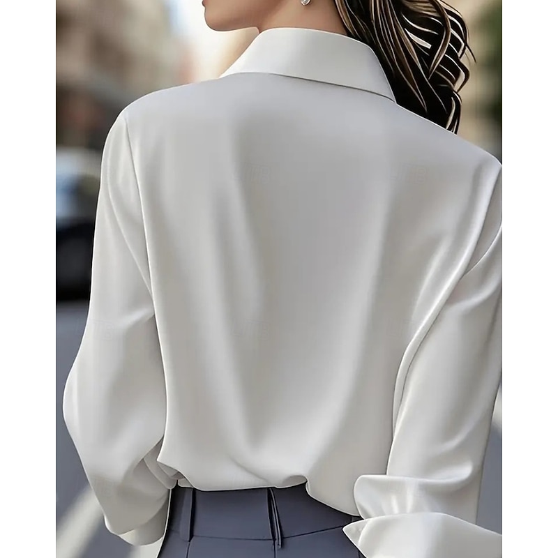 Women's Shirt Elegant Dressy Satin Plain Elegant Stylish Long Sleeve Shirt Collar Regular Tops Holiday Going out Buttons Black White Spring Fall2