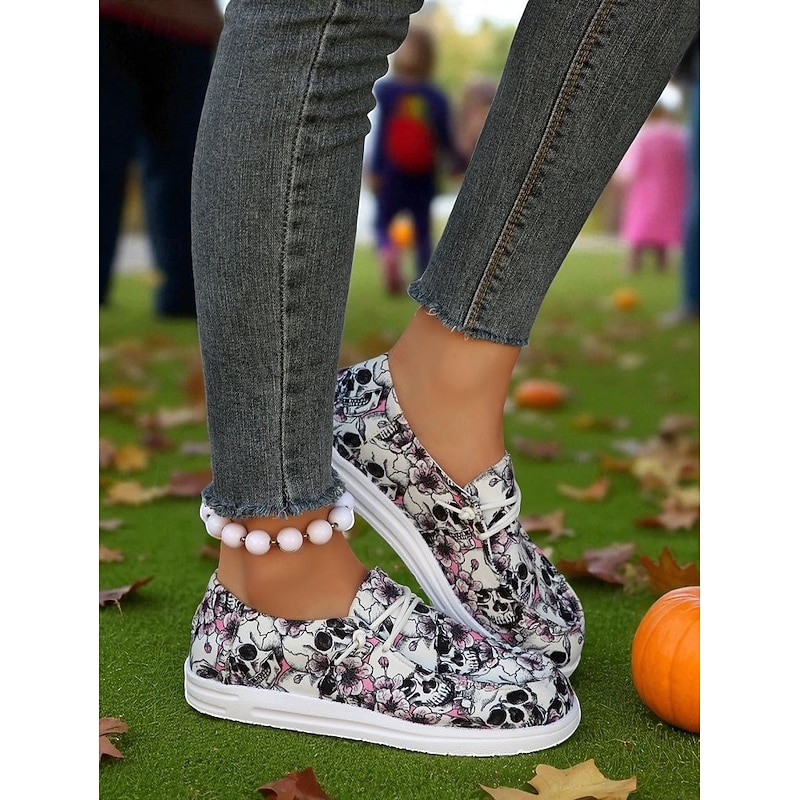 Women's Halloween Skull Print Casual Sneakers- Comfortable Lace-Up Walking Shoes with Floral Pattern for Party and Holiday Outfits