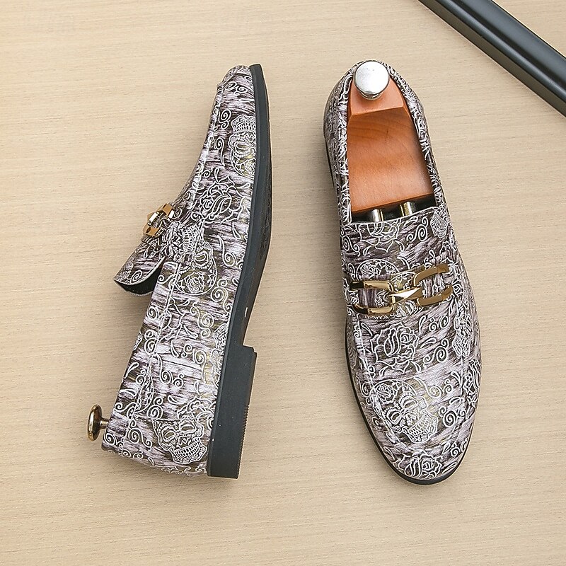 Men's Halloween Gothic Loafers – Metallic Silver Embossed Pattern Dress Shoes with Buckle Detail, Vintage Party Style for Costume, Masquerade and Evening Events4