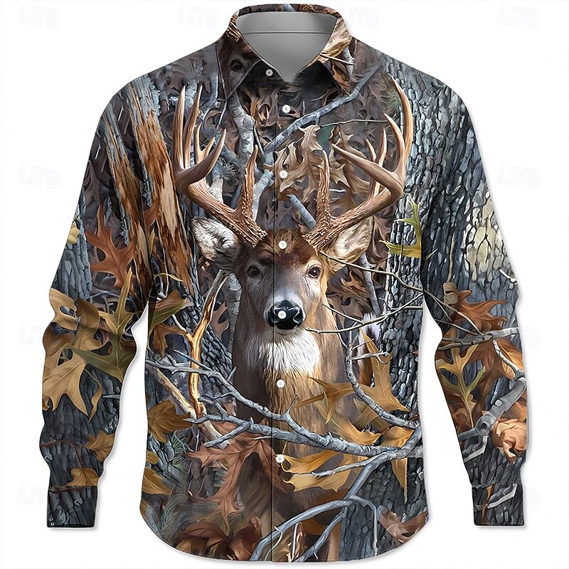 Men's Reindeer Forest Hunting Shirt Button Up Shirt Long Sleeve Vintage Retro Outdoor Camping & Hiking Hunting Spring Fall Turndown 3D Print Collared Shirts Gray