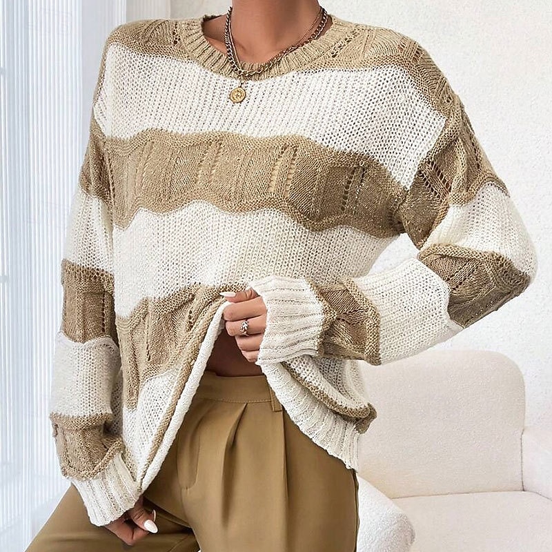 Women's Sweater Pullover Streetwear Casual Striped Cable Crew Neck Patchwork Knitted Long Sleeve Regular Tops Knit Holiday Going out Weekend Apricot Fall Winter2